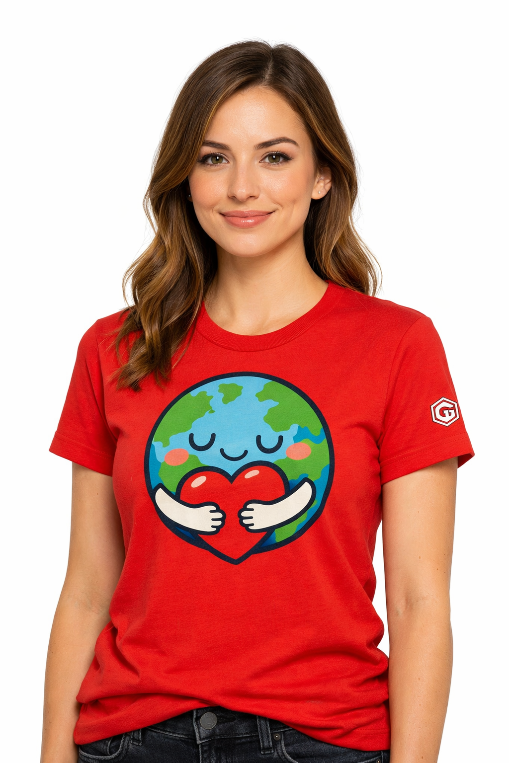 model:10:f | Erde Umarmt Herz – Unisex T-Shirt – Modelfoto in Rot – Frau