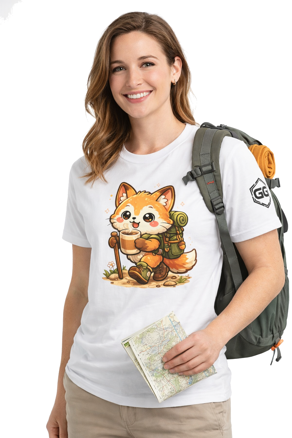 model:0:f | Fuchs Wandern – Abenteuer T-Shirt – Modelfoto in Weiß – Frau