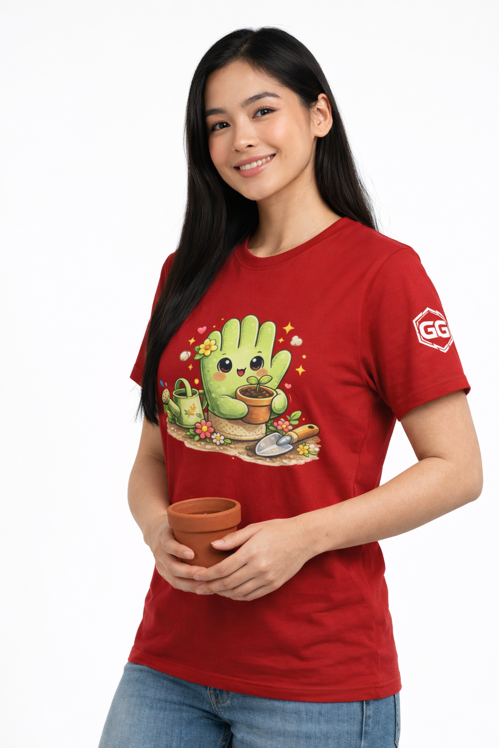 model:10:f | Grüner Daumen T-Shirt – Modelfoto in Rot – Frau