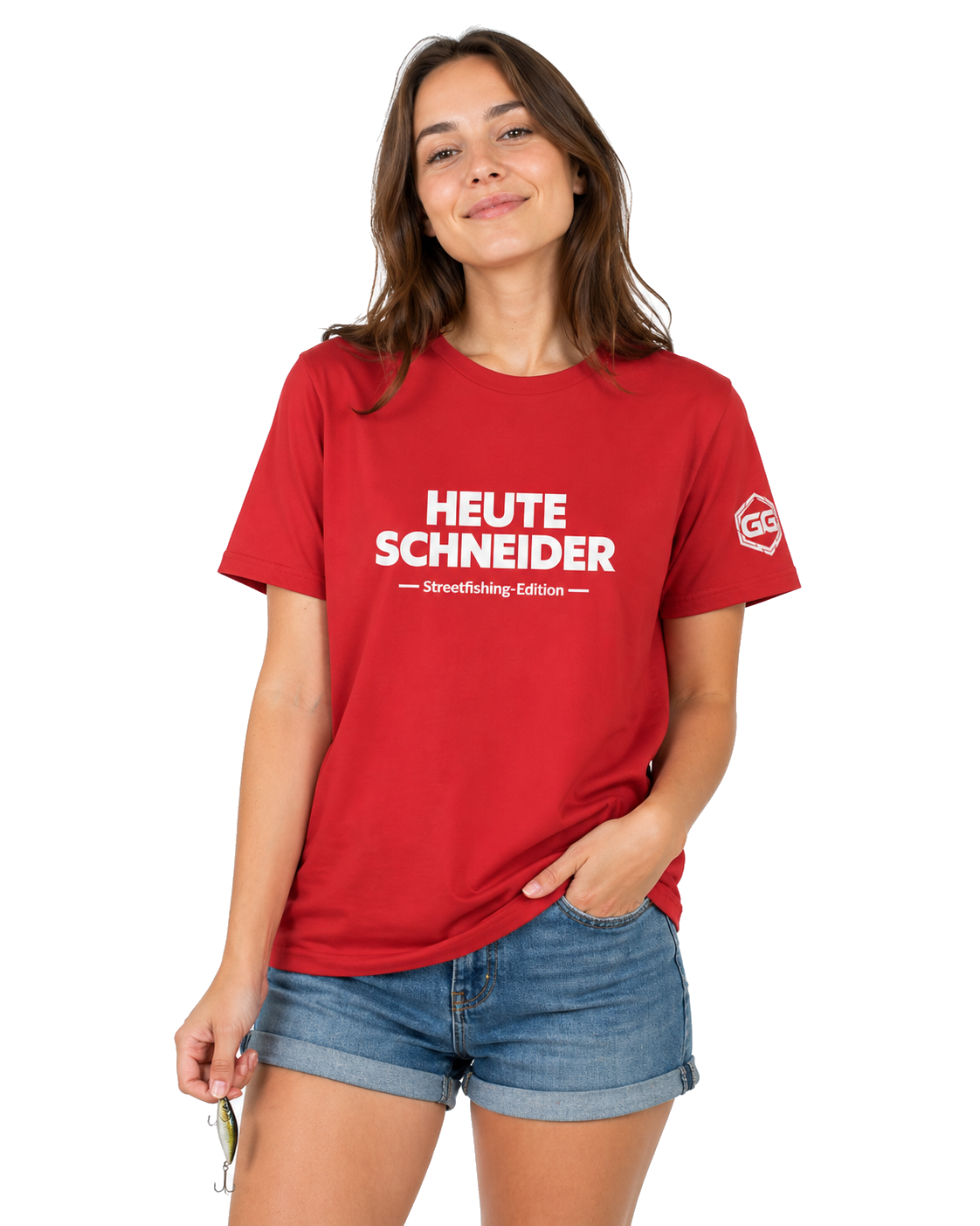 model:10:f | Skunked Today T-Shirt — Streetfishing Edition – Model photo in Red – Woman