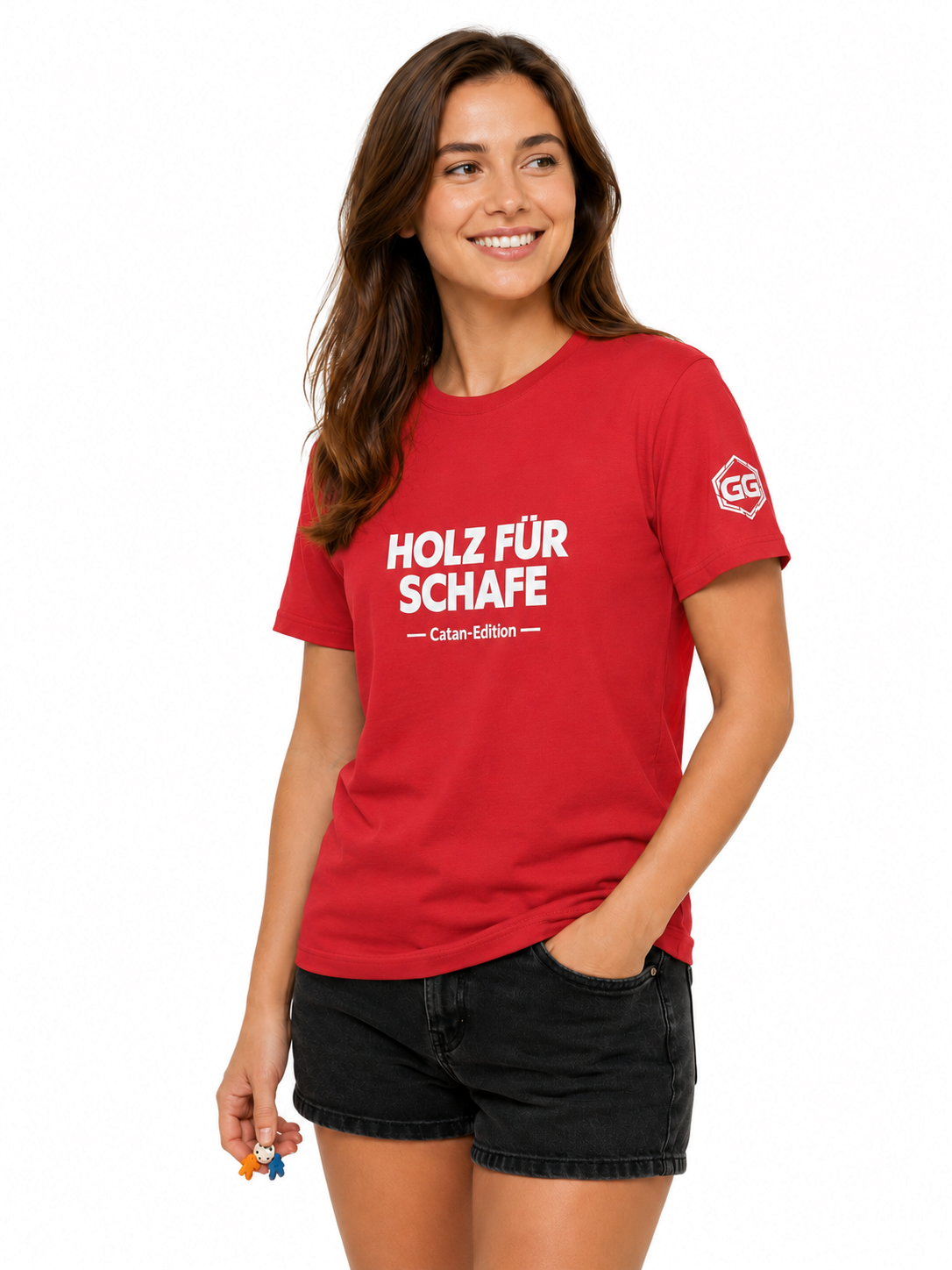 model:10:f | Wood for Sheep T-Shirt — Catan Edition – Model photo in Red – Woman