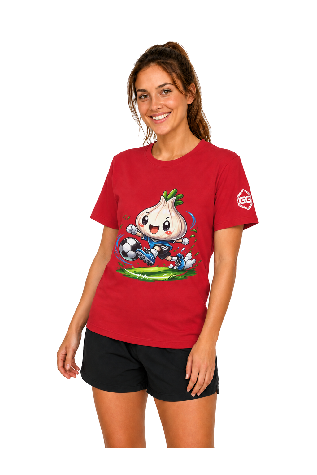 model:10:f | Garlic Soccer Player T-Shirt – Model photo in Red – Woman