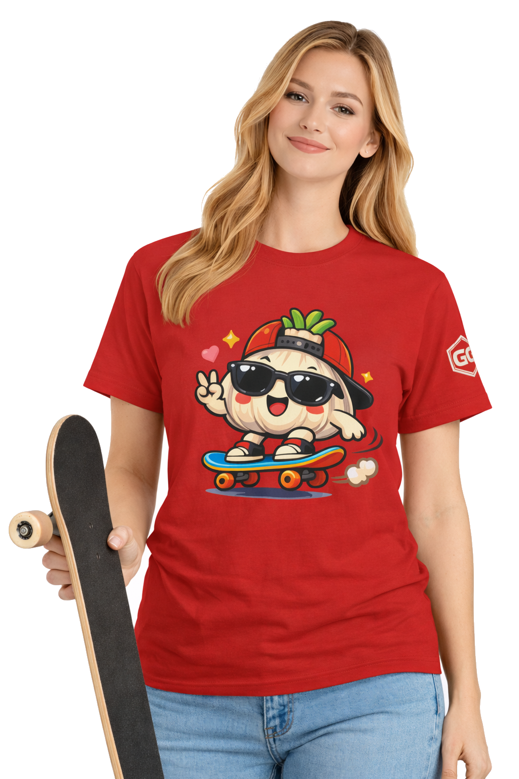 model:10:f | Knoblauch Skater T-Shirt – Modelfoto in Rot – Frau
