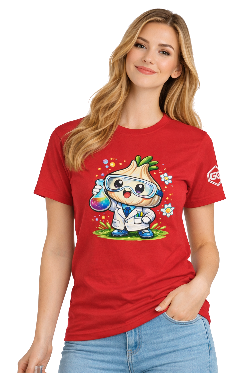 model:10:f | Garlic Scientist T-Shirt – Modelfoto in Rot – Frau