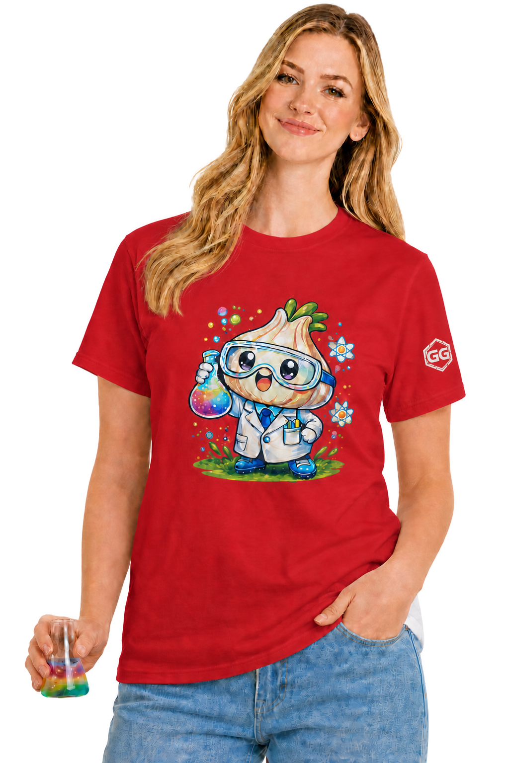 model:10:f | Garlic Scientist T-Shirt – Model photo in Red – Woman