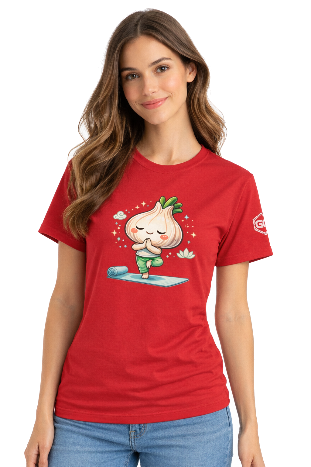 model:10:f | Garlic Yoga T-Shirt – Modelfoto in Rot – Frau