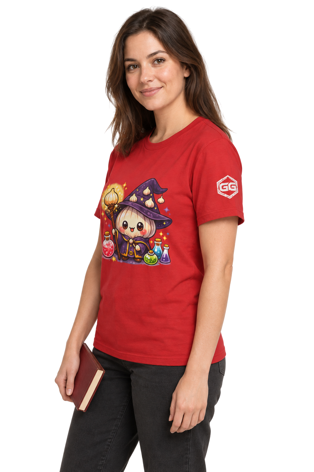 model:10:f | Knoblauch Zauberer T-Shirt – Modelfoto in Rot – Frau