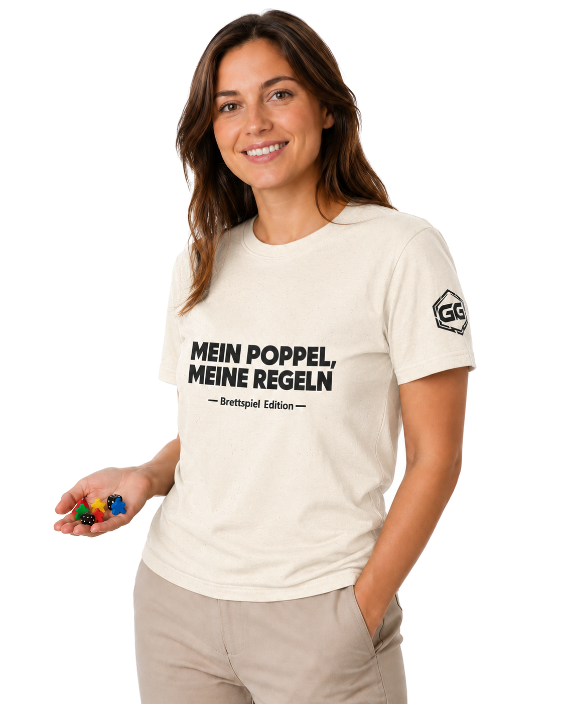model:4:f | My Meeple, My Rules T-Shirt — Board Game Edition – Model photo in Natural – Woman