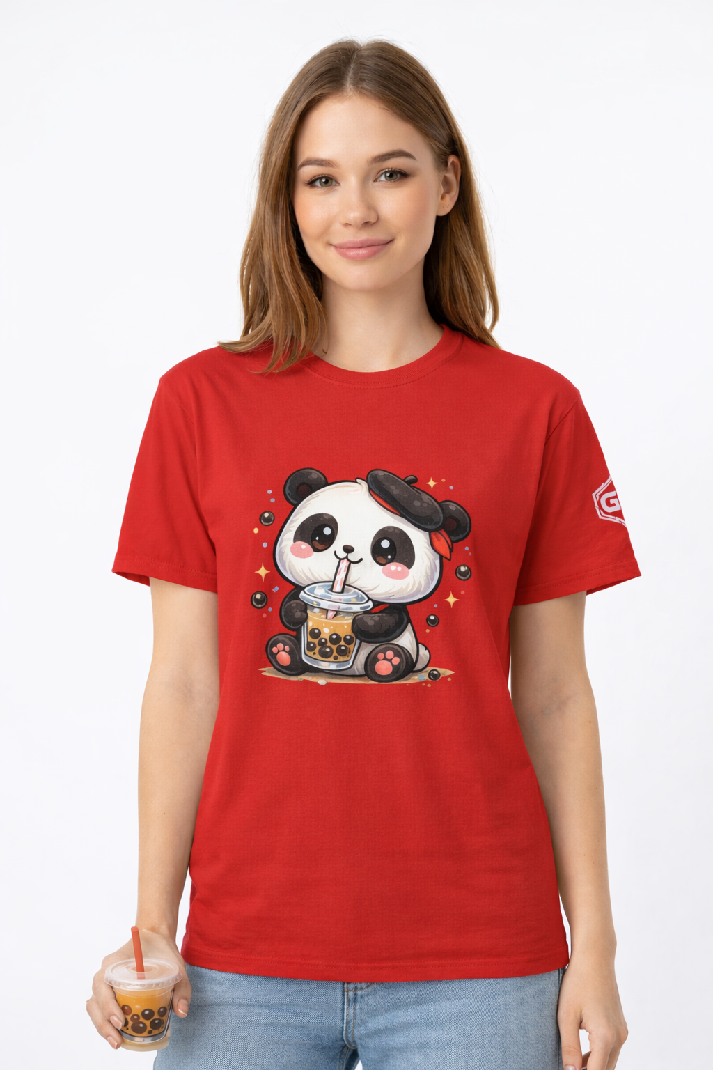 model:10:f | Panda & Bubble Tea T-Shirt – Modelfoto in Rot – Frau
