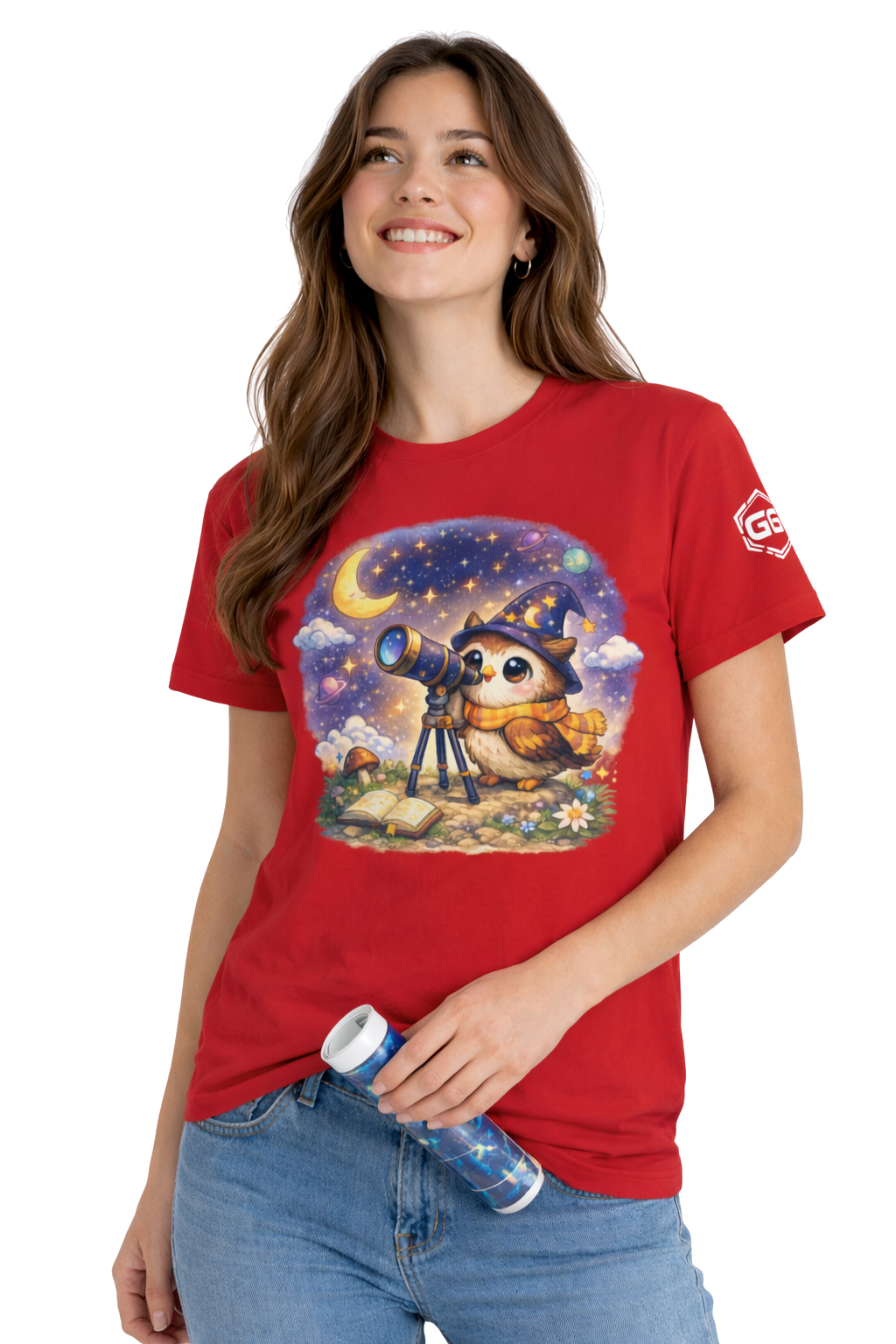 model:10:f | Sterngucker T-Shirt – Modelfoto in Rot – Frau