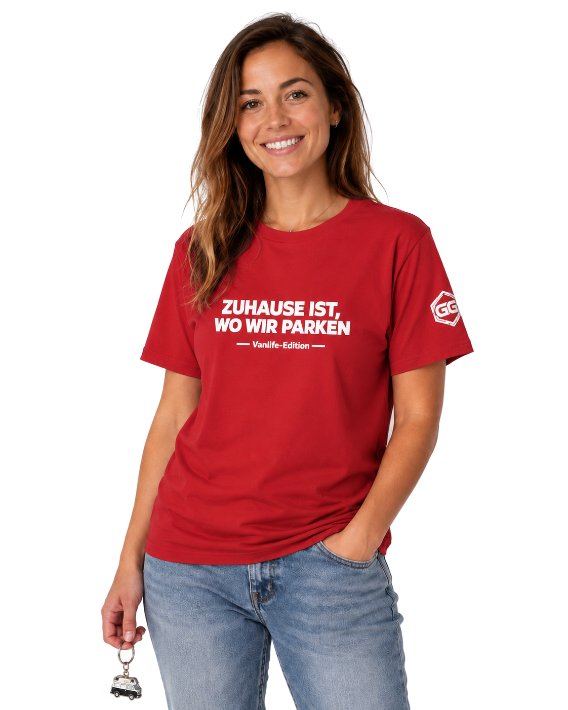 model:10:f | Home Is Where We Park T-Shirt — Vanlife Edition – Model photo in Red – Woman