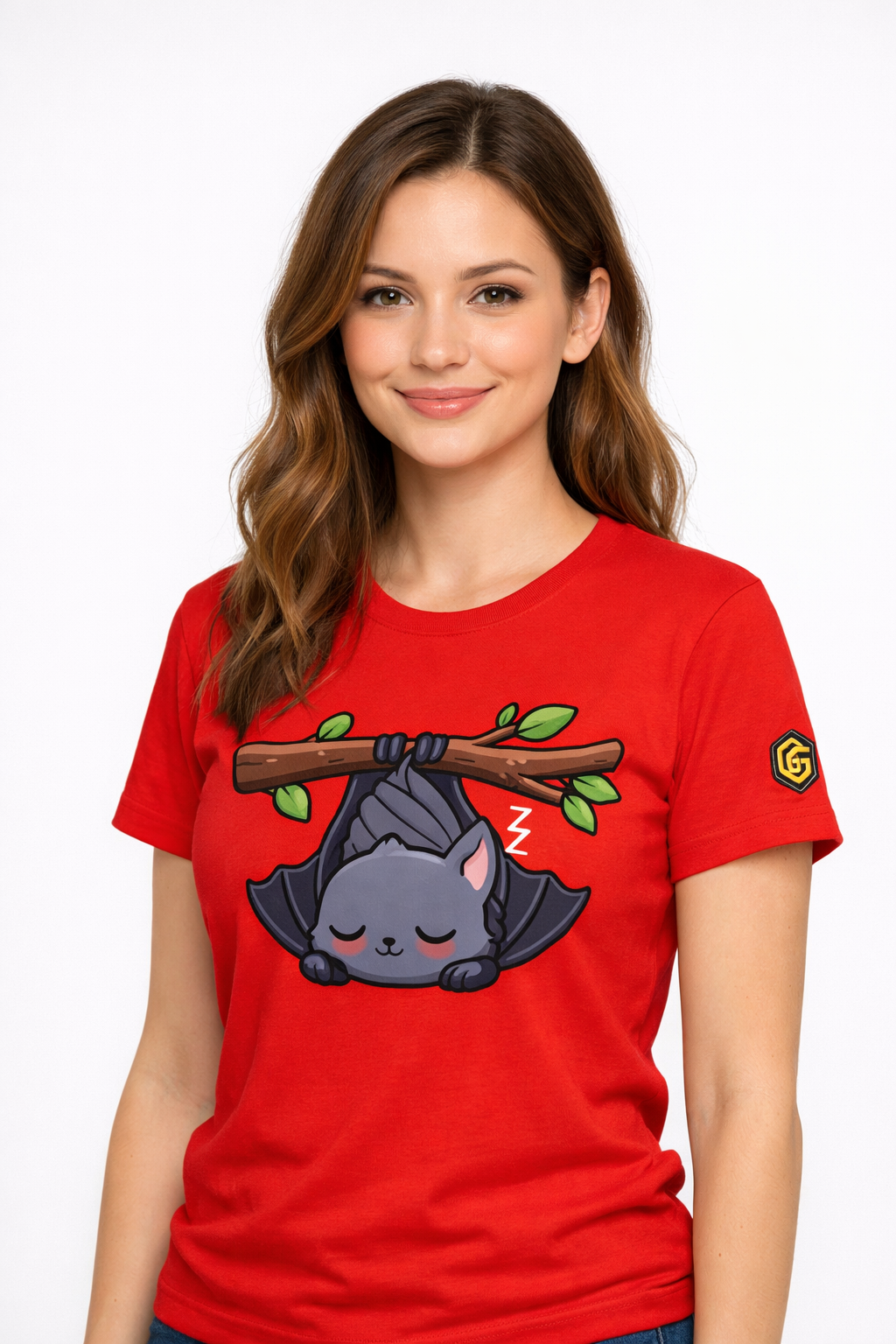 model:10:f | Kawaii Bat T-Shirt – Modelfoto in Rot – Frau