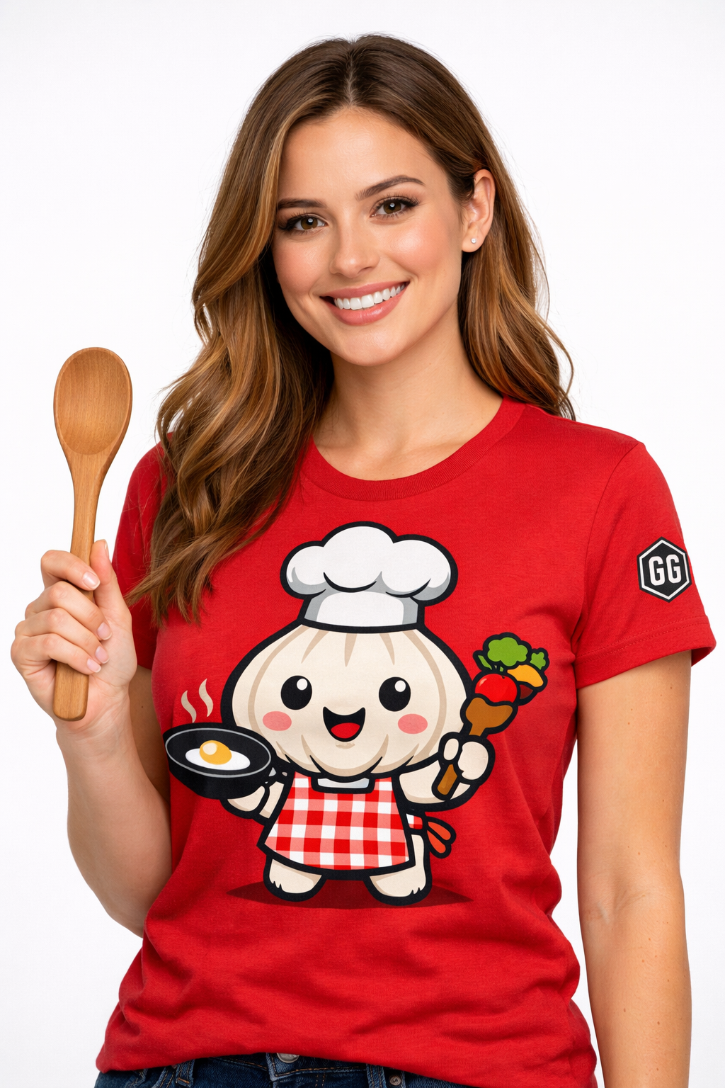 model:10:f | Garlic Chef T-Shirt – Modelfoto in Rot – Frau