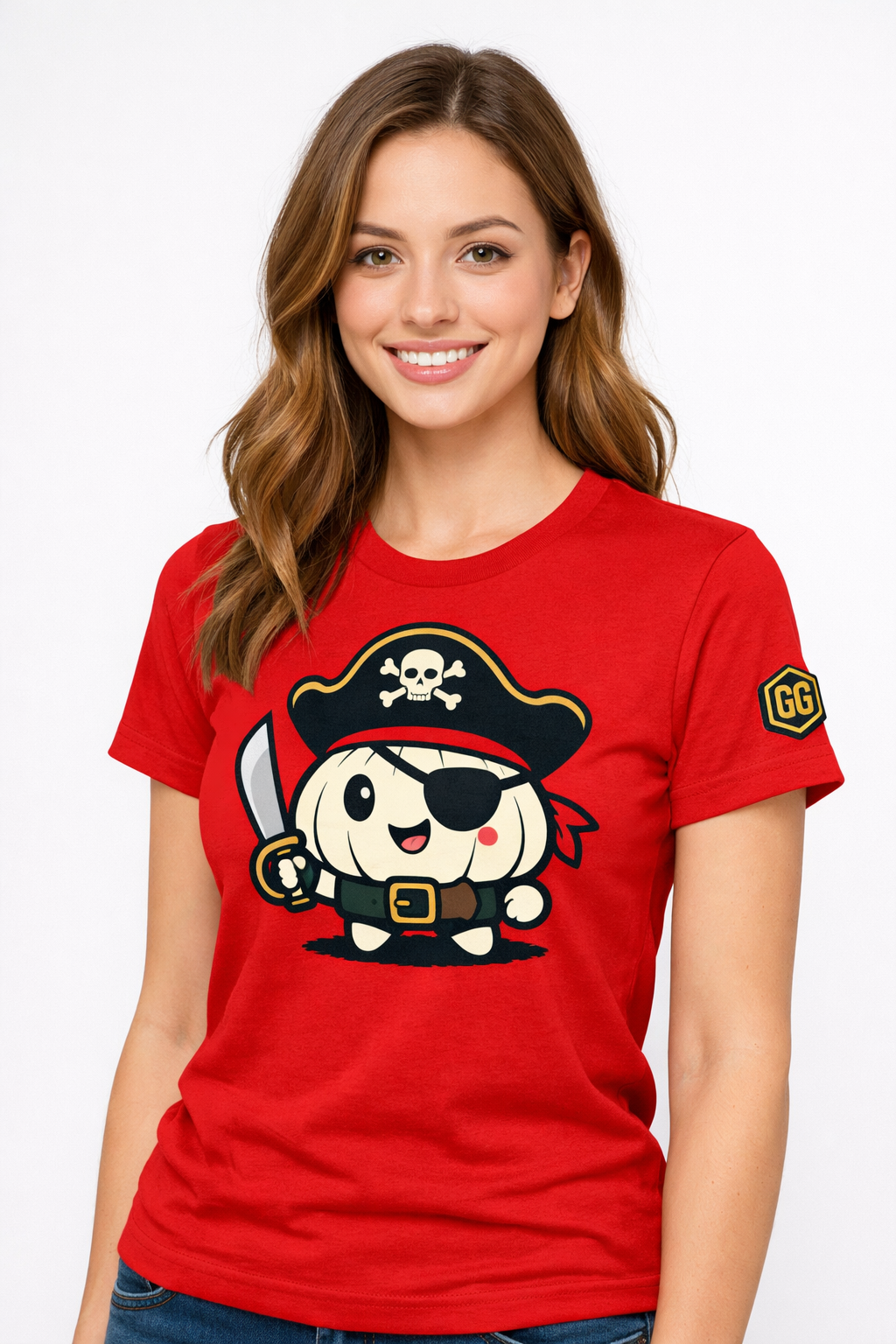 model:10:f | Garlic Pirate T-Shirt – Modelfoto in Rot – Frau