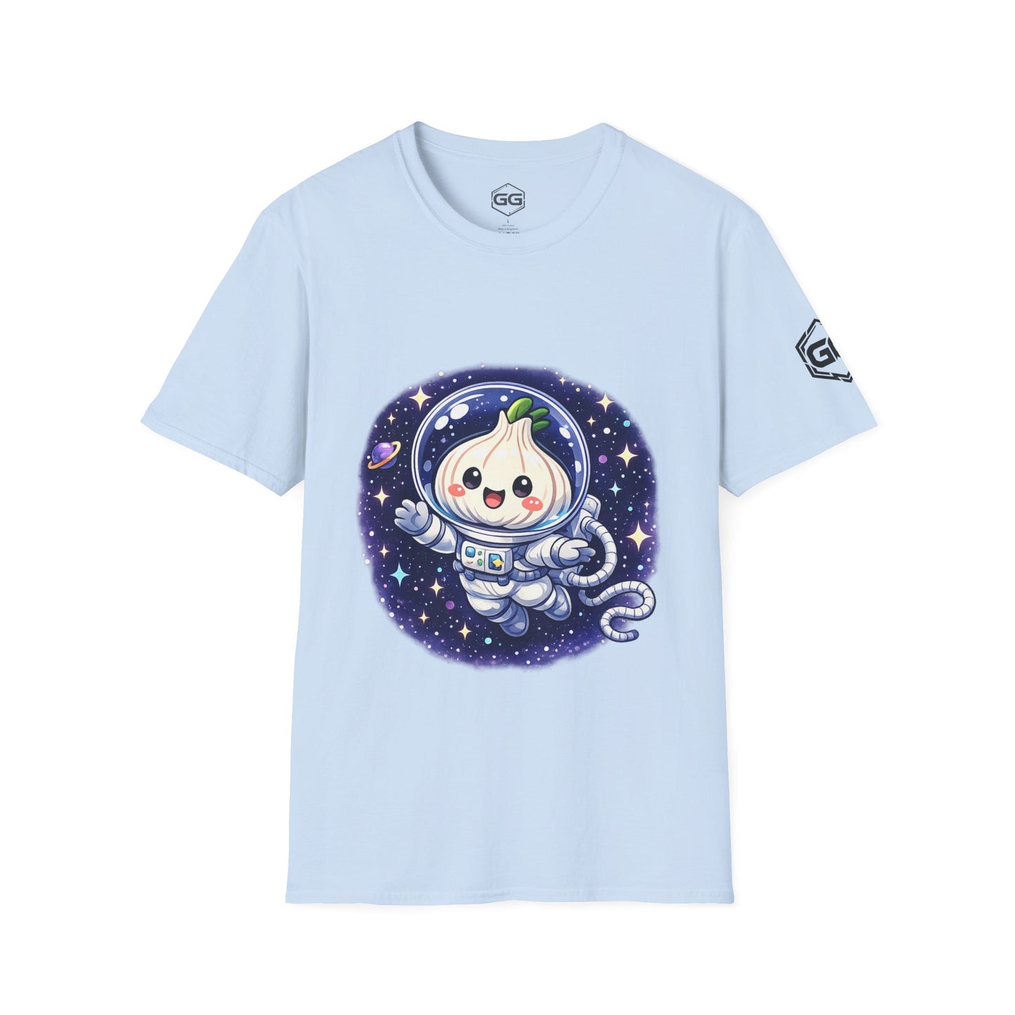 front:7 | Knoblauch Astronaut T-Shirt – Vorderansicht in Hellblau