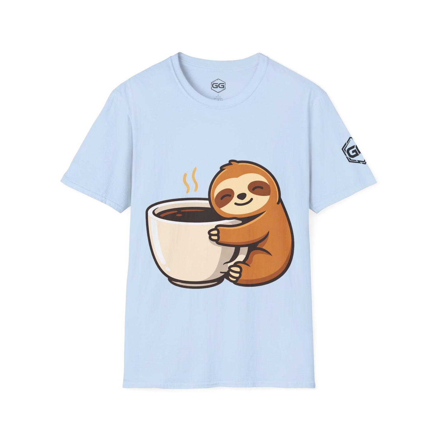 front:7 | Faultier & Kaffee – Unisex T-Shirt – Vorderansicht in Hellblau