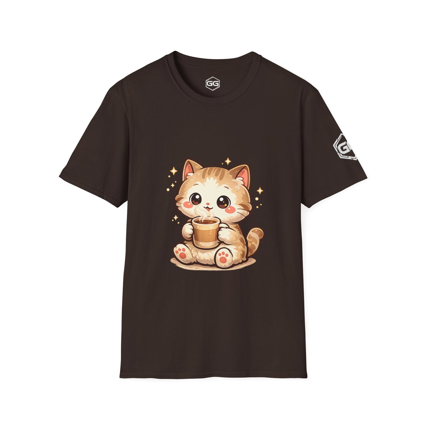 front:3 | Katze & Kaffee – Lustiges Katzen T-Shirt – Vorderansicht in Dunkelbraun