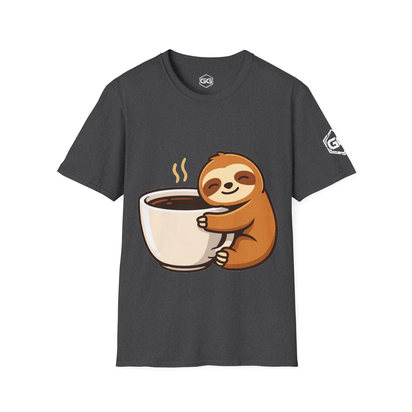 front:6 | Faultier & Kaffee – Unisex T-Shirt – Vorderansicht in Dunkelmeliert