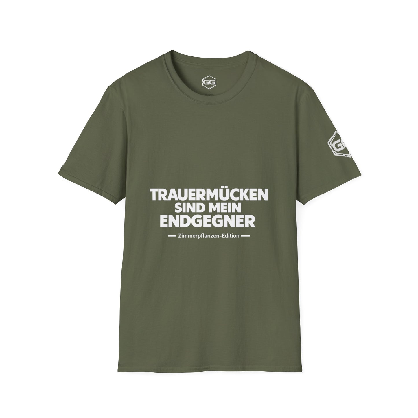 front:5 | Fungus Gnats Are My Final Boss T-Shirt — Houseplant Edition – Vorderansicht in Militärgrün