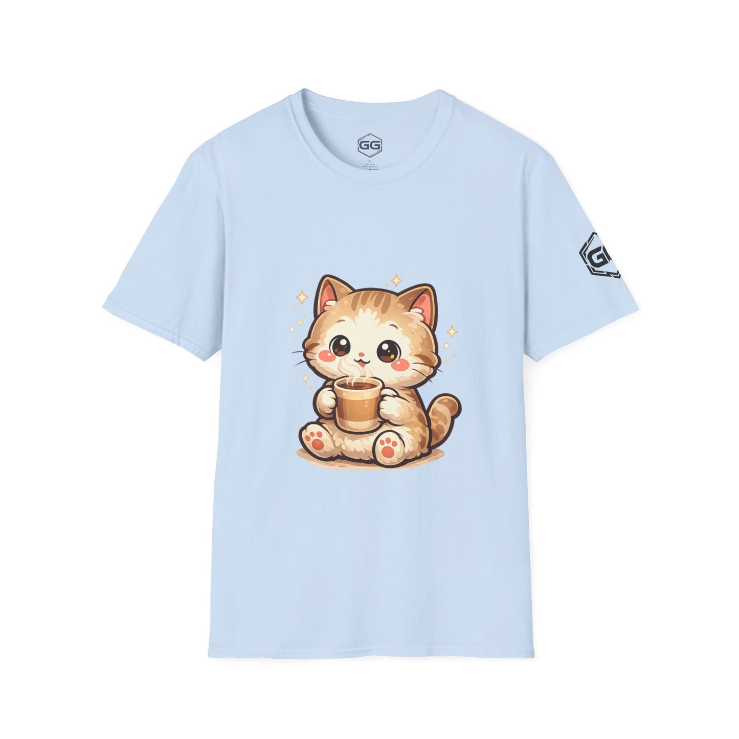 front:7 | Katze & Kaffee – Lustiges Katzen T-Shirt – Vorderansicht in Hellblau