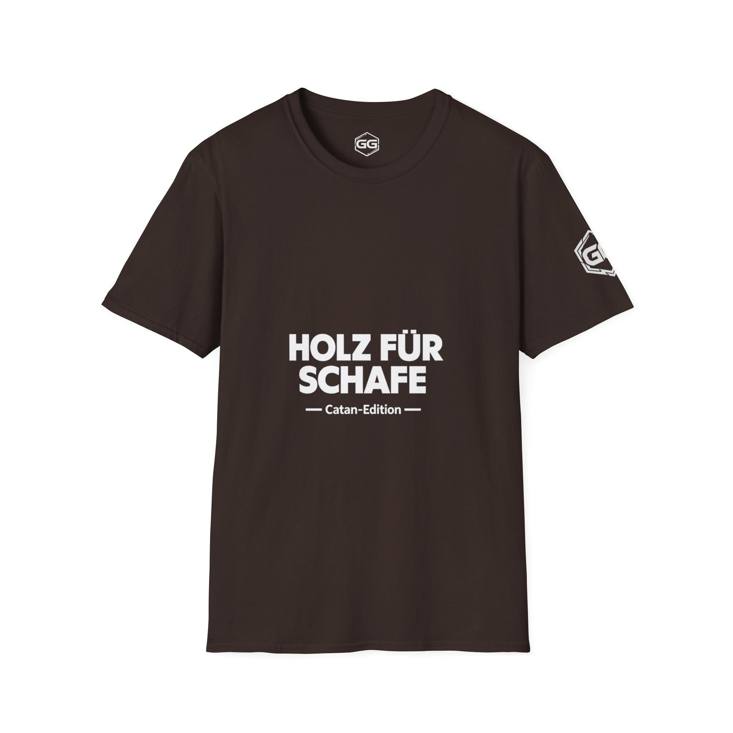 front:3 | Wood for Sheep T-Shirt — Catan Edition – Vorderansicht in Dunkelbraun