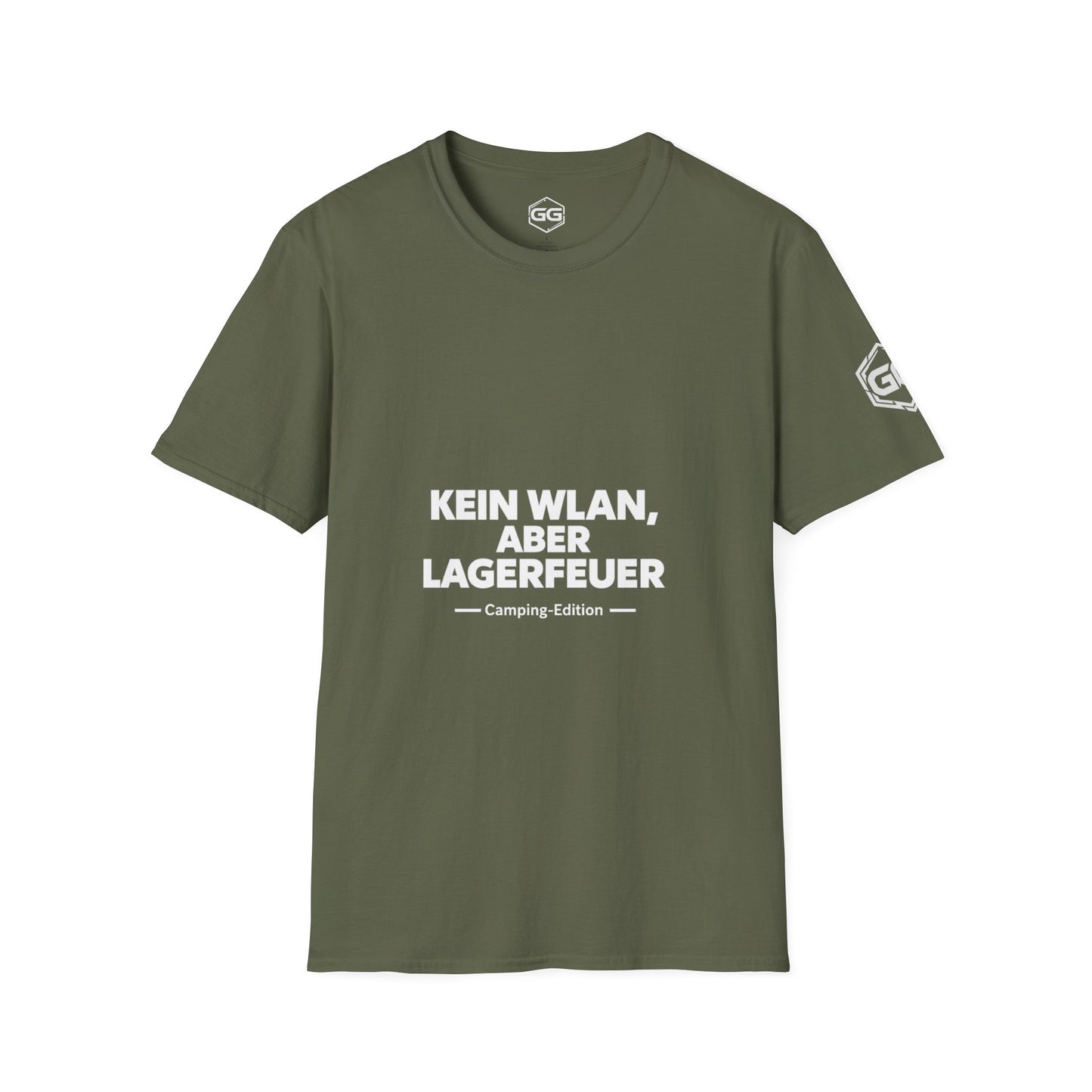 front:5 | No WiFi, But Campfire T-Shirt — Camping Edition – Vorderansicht in Militärgrün