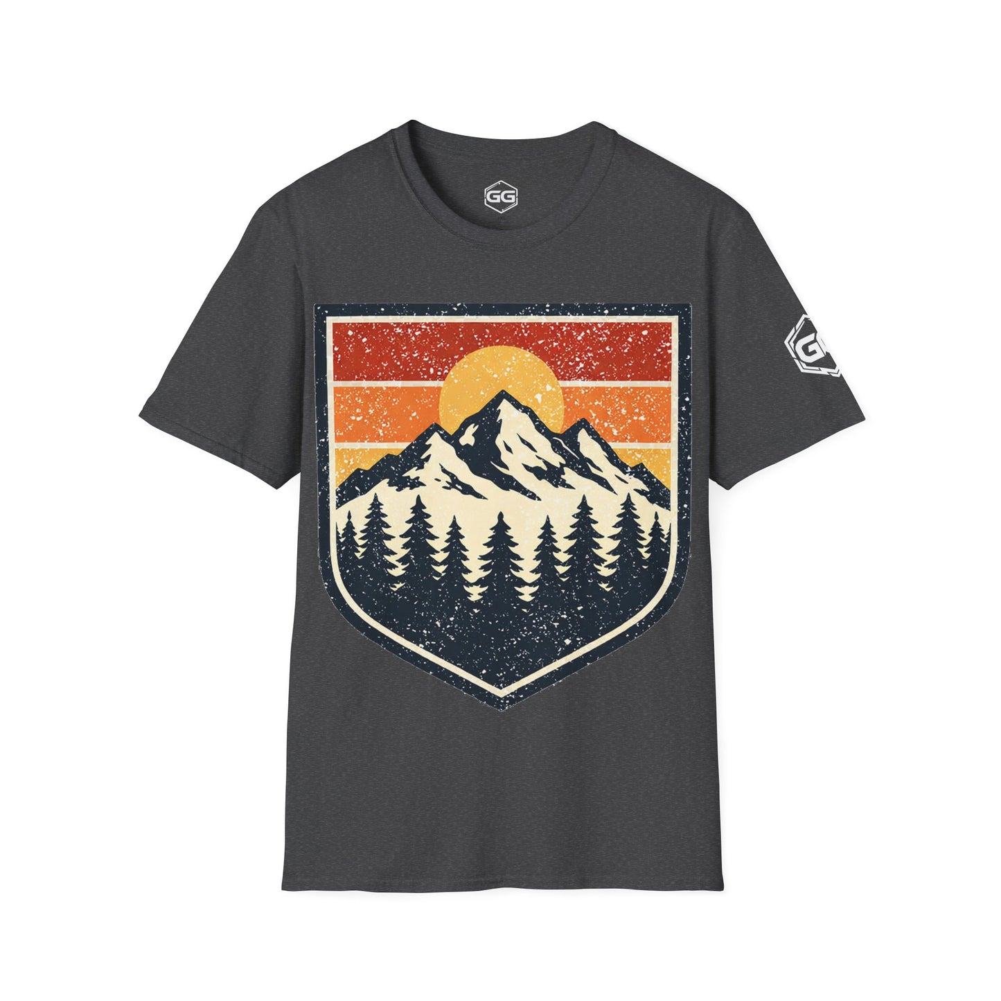 front:6 | Vintage Bergabzeichen – Unisex T-Shirt – Vorderansicht in Dunkelmeliert