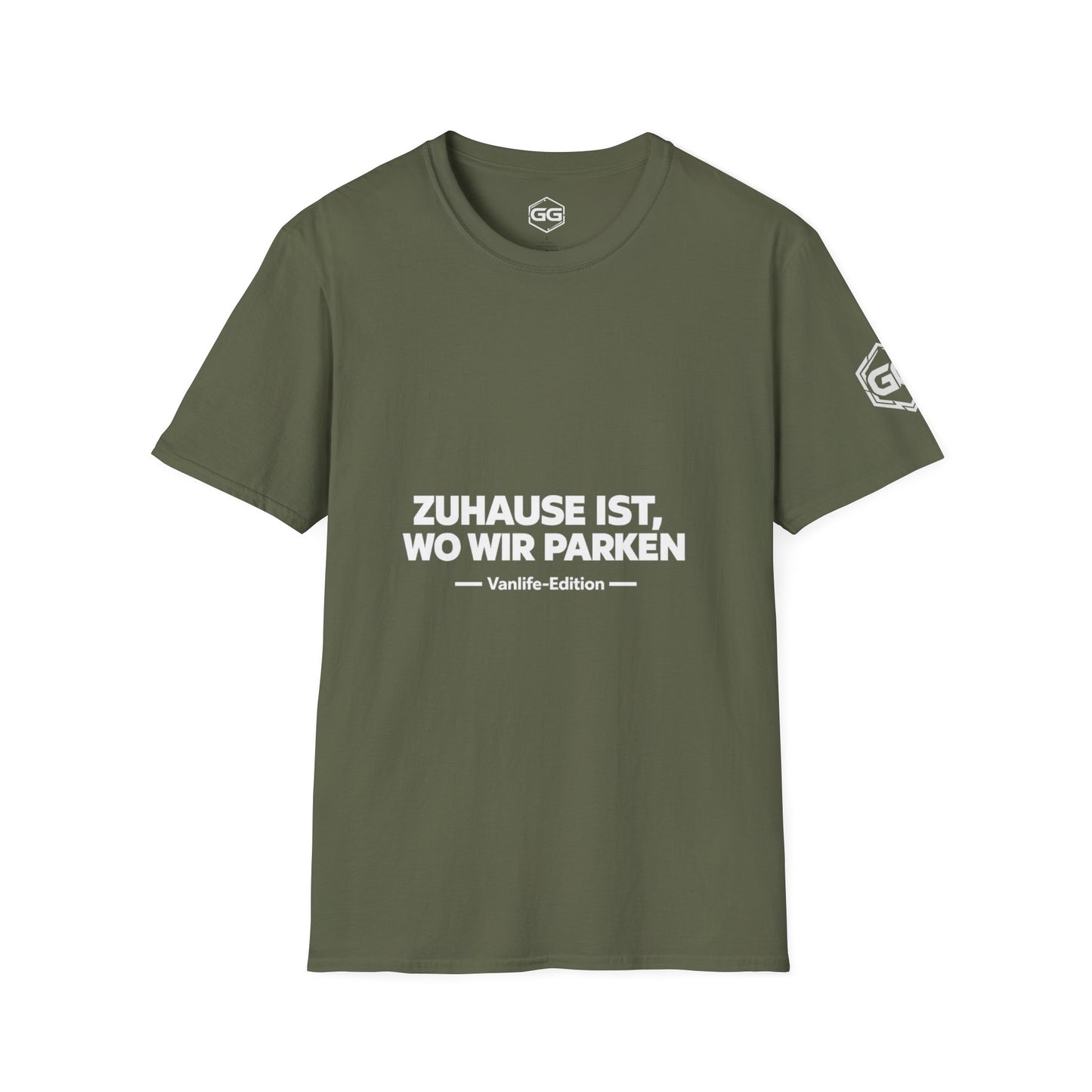 front:5 | Home Is Where We Park T-Shirt — Vanlife Edition – Vorderansicht in Militärgrün