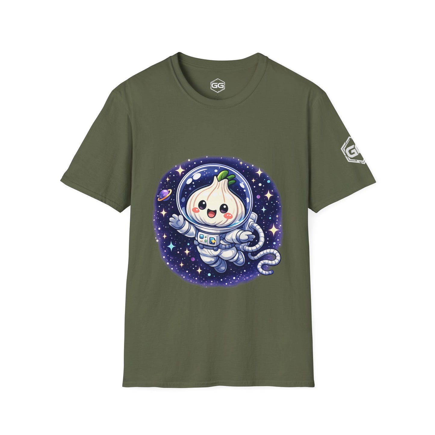 front:5 | Knoblauch Astronaut T-Shirt – Vorderansicht in Militärgrün