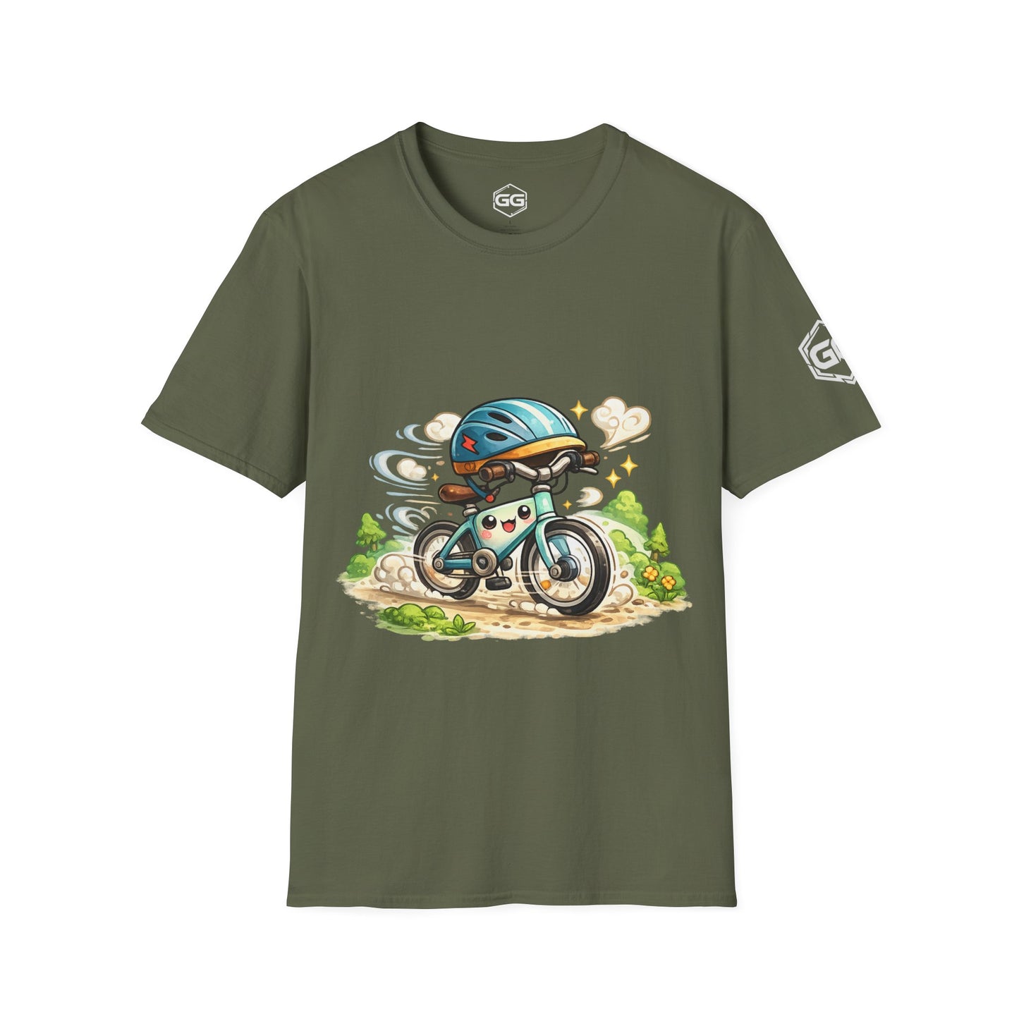 front:5 | Radl-Wahnsinn T-Shirt – Vorderansicht in Militärgrün
