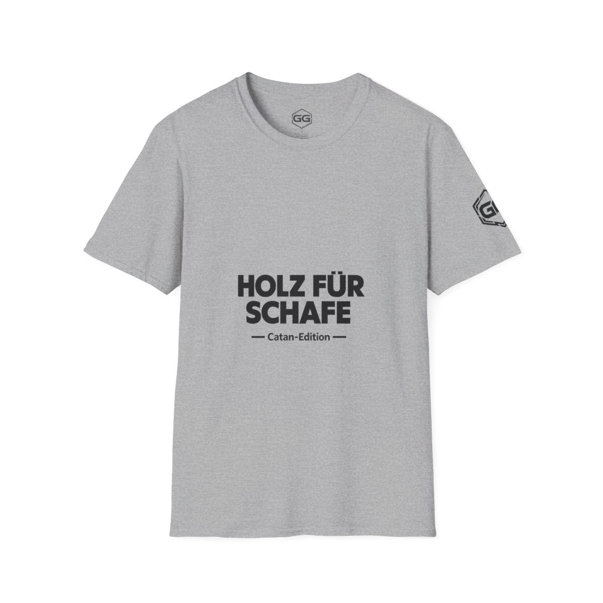 front:2 | Wood for Sheep T-Shirt — Catan Edition – Vorderansicht in Sportgrau