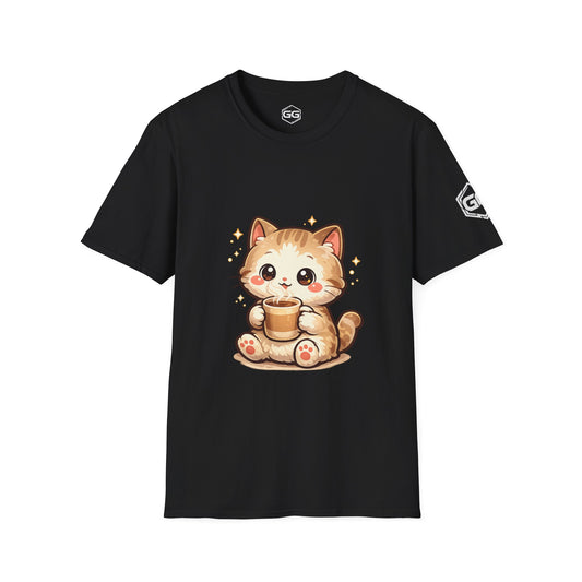 front:1 | Katze & Kaffee – Lustiges Katzen T-Shirt – Vorderansicht in Schwarz