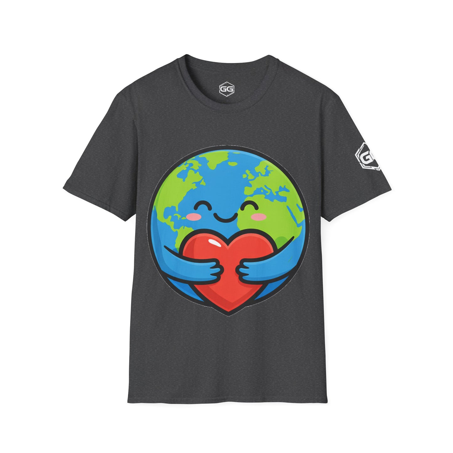 front:6 | Erde Umarmt Herz – Unisex T-Shirt – Vorderansicht in Dunkelmeliert