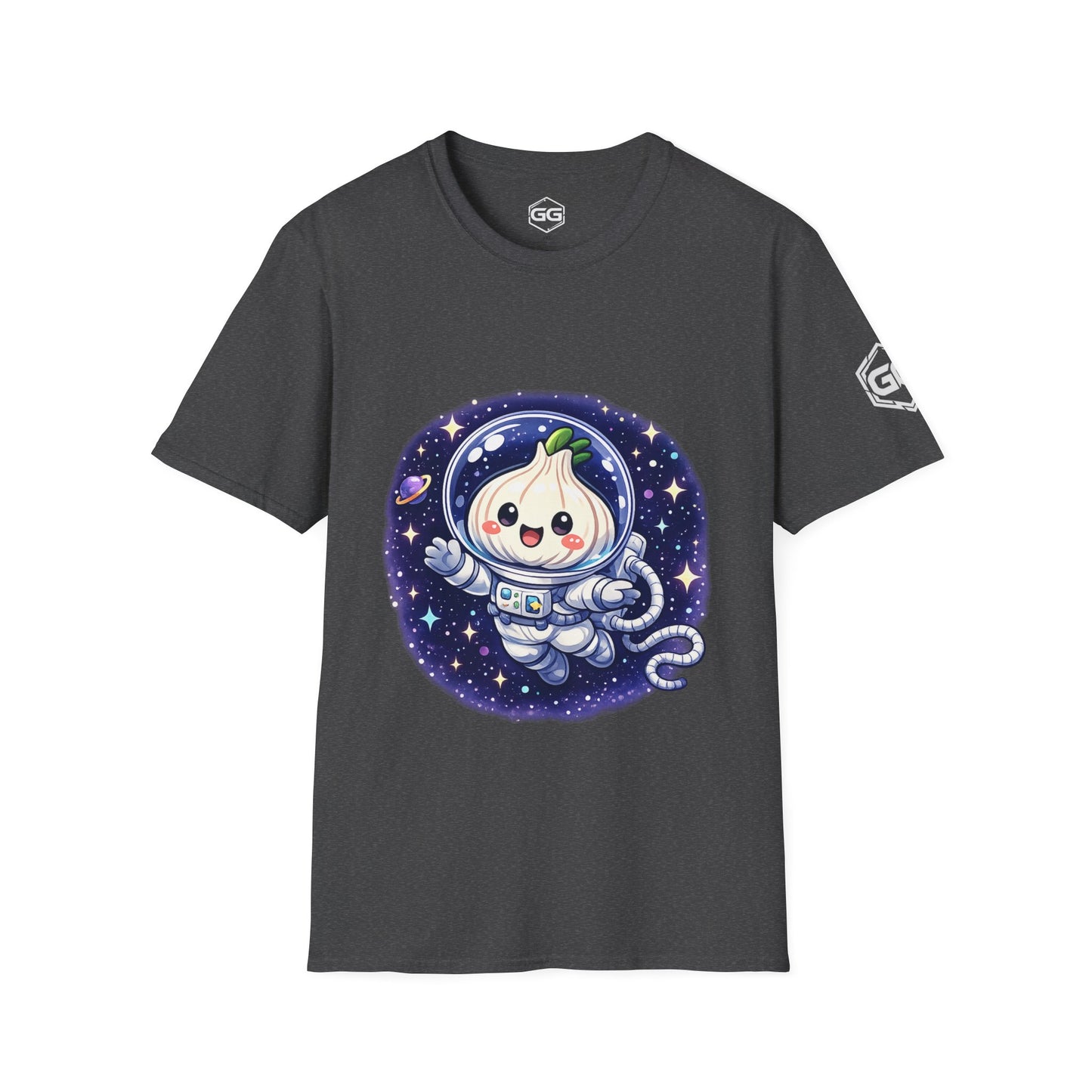 front:6 | Knoblauch Astronaut T-Shirt – Vorderansicht in Dunkelmeliert