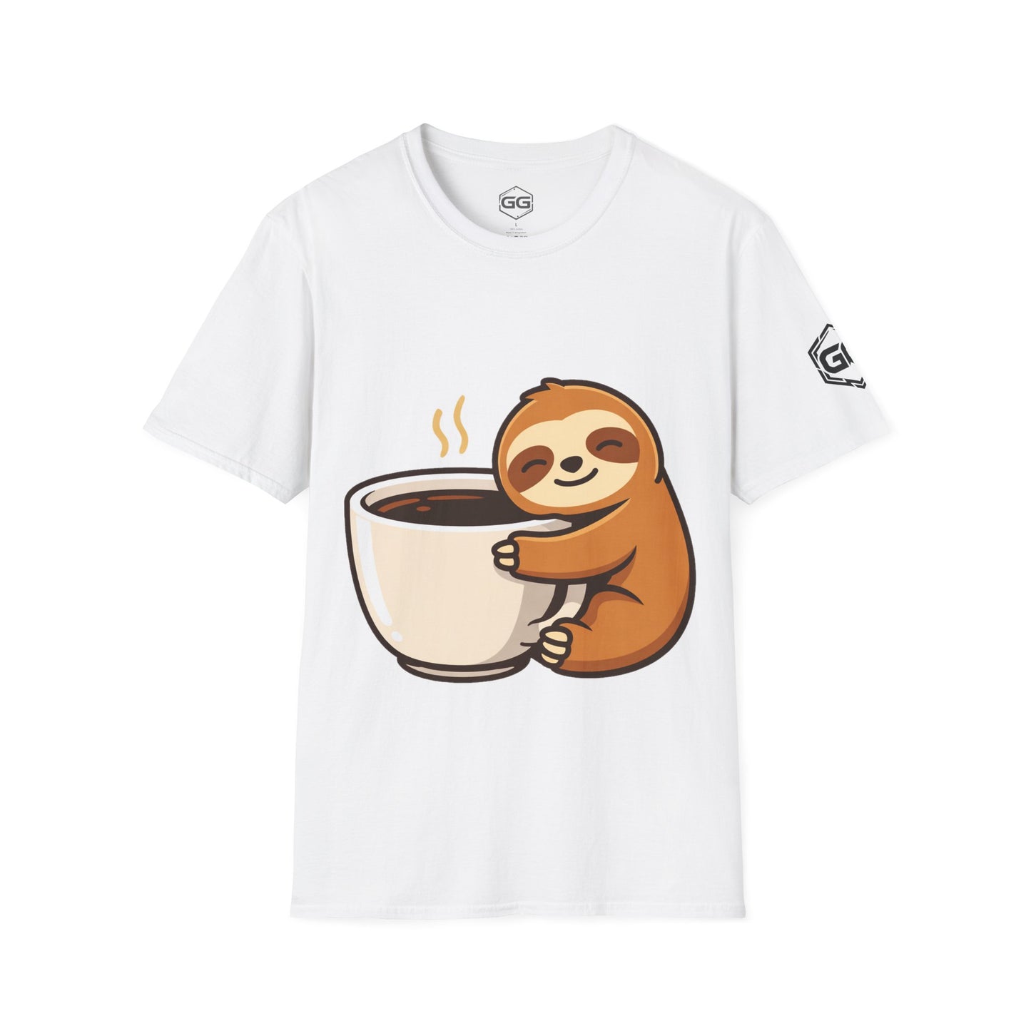 front:0 | Faultier & Kaffee – Unisex T-Shirt – Vorderansicht in Weiß