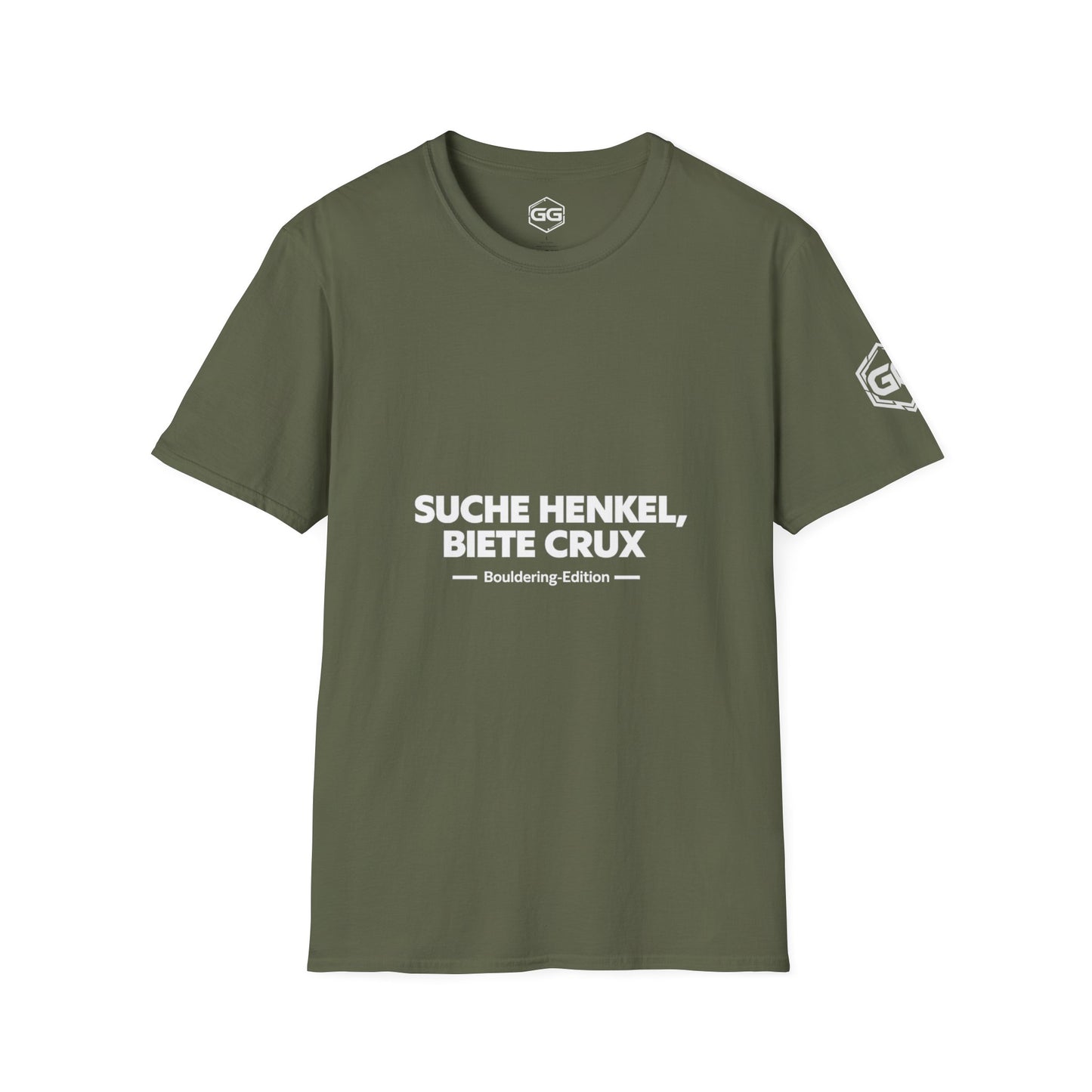 front:5 | Looking for Jugs, Offering Crux T-Shirt — Bouldering Edition – Vorderansicht in Militärgrün