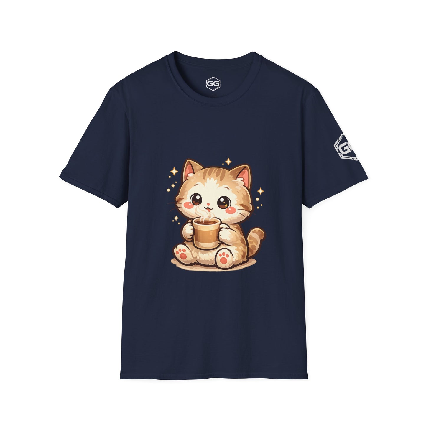 front:9 | Katze & Kaffee – Lustiges Katzen T-Shirt – Vorderansicht in Navy