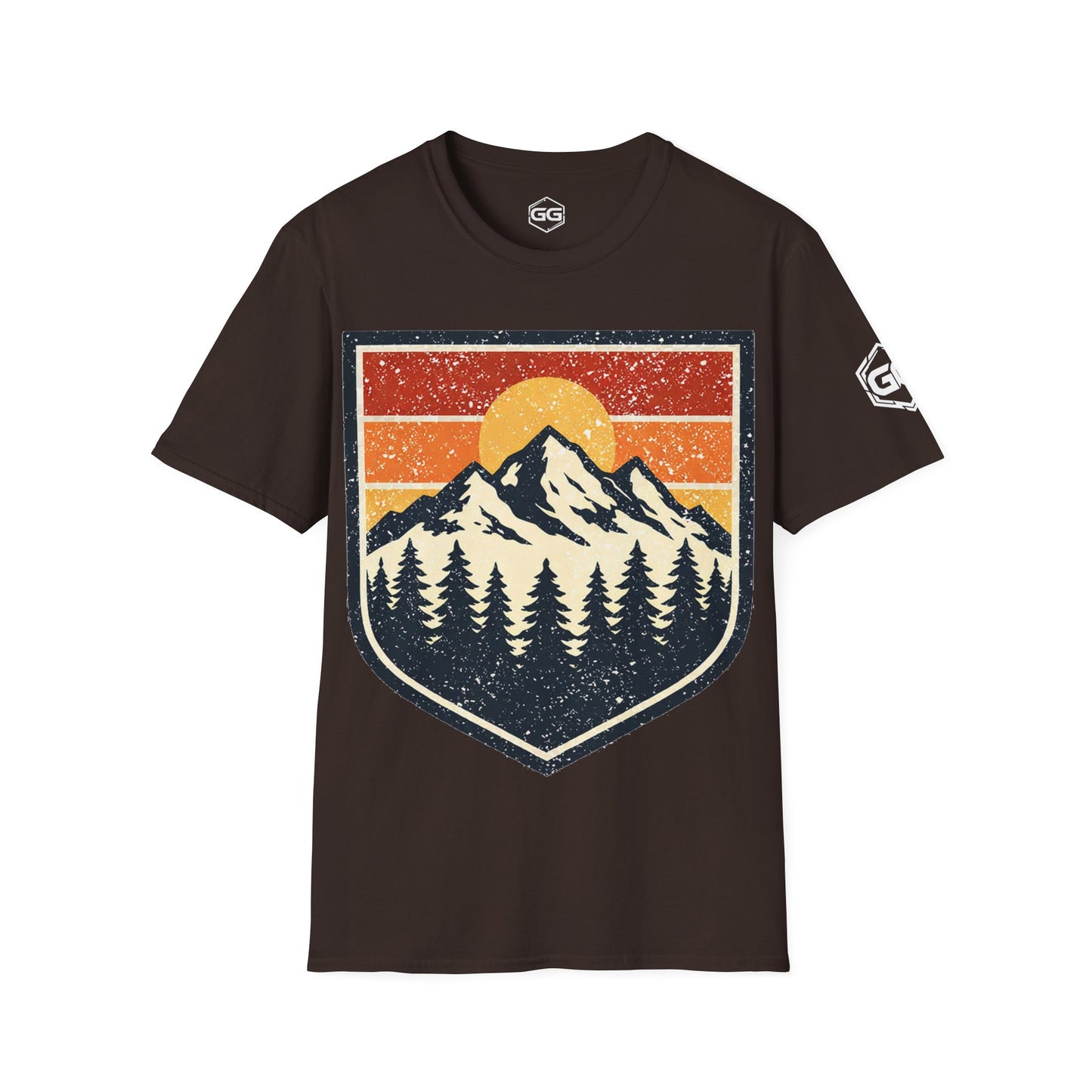 front:3 | Vintage Bergabzeichen – Unisex T-Shirt – Vorderansicht in Dunkelbraun