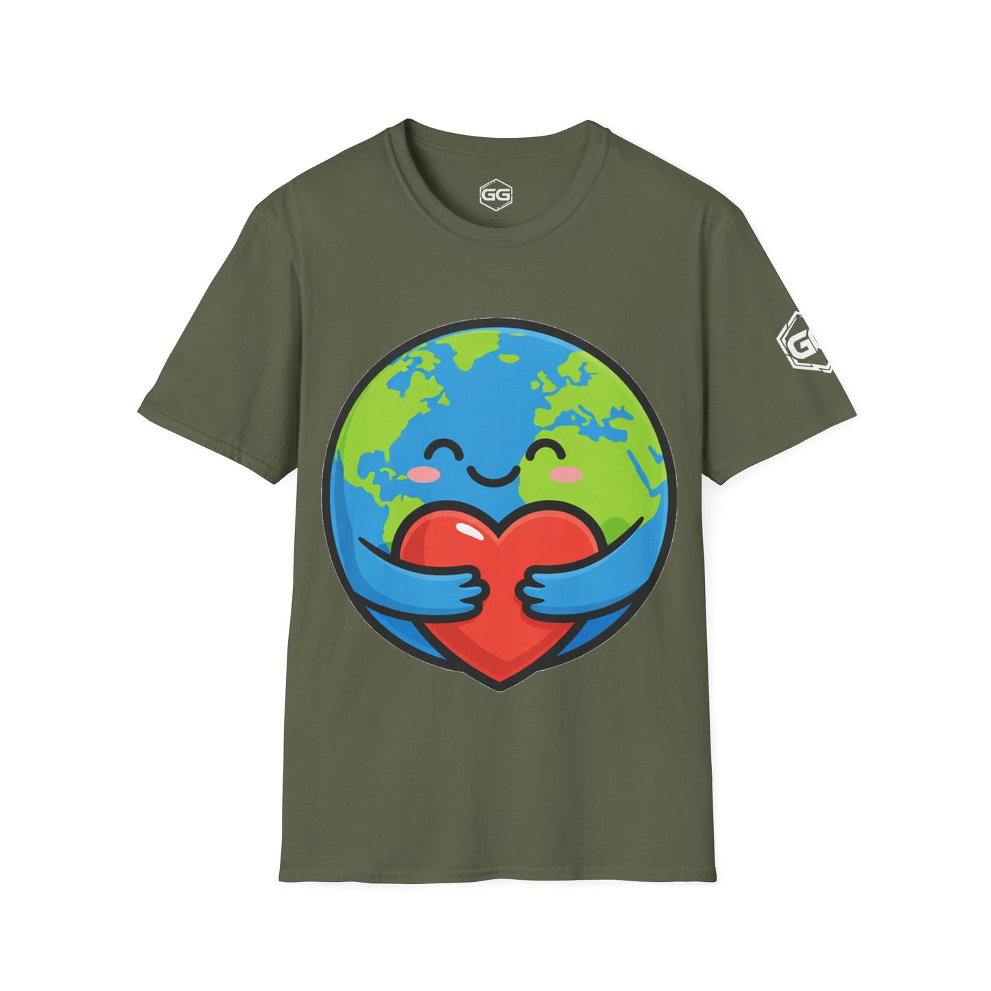 front:5 | Erde Umarmt Herz – Unisex T-Shirt – Vorderansicht in Militärgrün