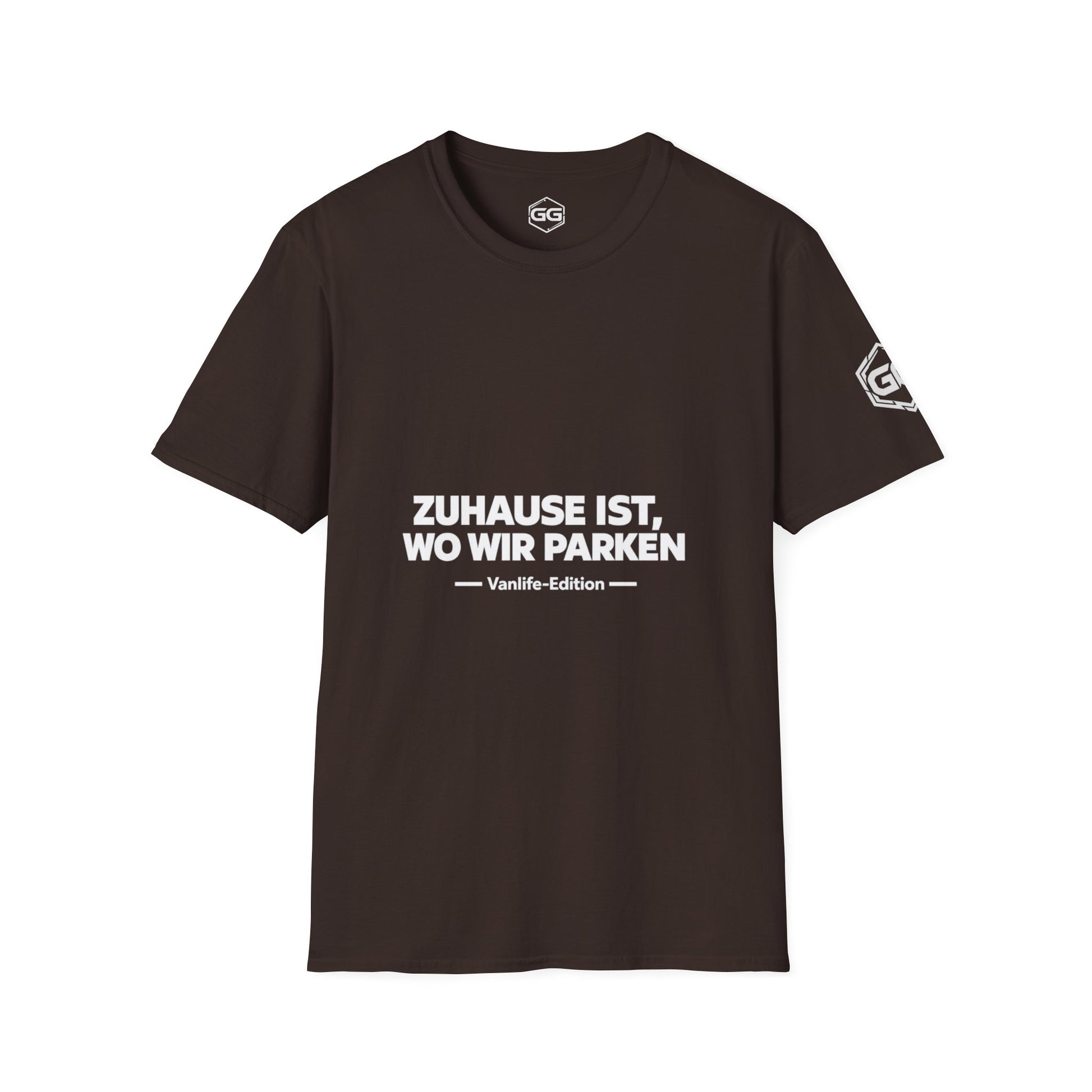 front:3 | Home Is Where We Park T-Shirt — Vanlife Edition – Vorderansicht in Dunkelbraun