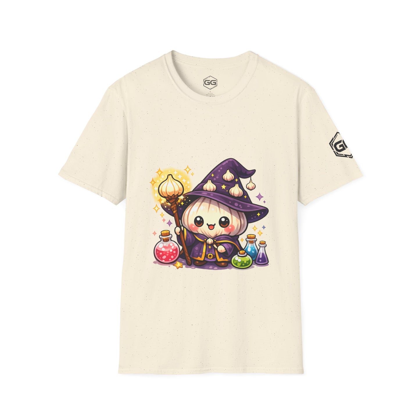 front:4 | Knoblauch Zauberer T-Shirt – Vorderansicht in Naturweiß