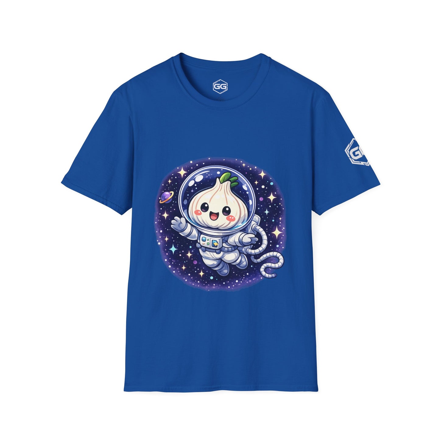 front:8 | Knoblauch Astronaut T-Shirt – Vorderansicht in Royalblau
