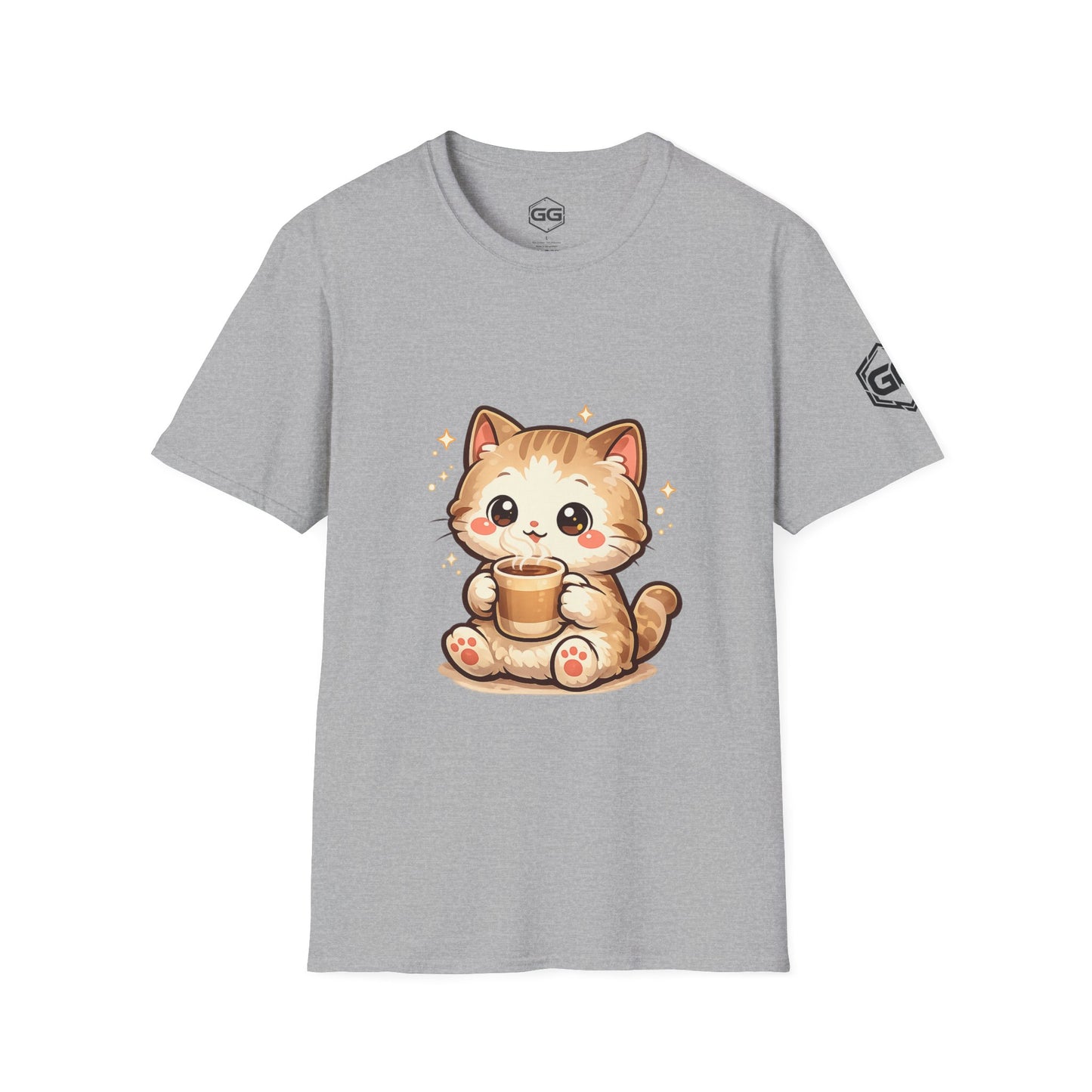 front:2 | Katze & Kaffee – Lustiges Katzen T-Shirt – Vorderansicht in Sportgrau