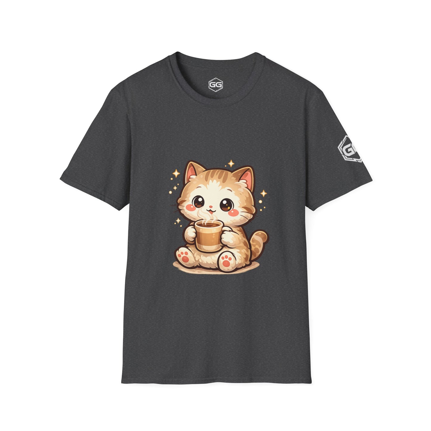 front:6 | Katze & Kaffee – Lustiges Katzen T-Shirt – Vorderansicht in Dunkelmeliert