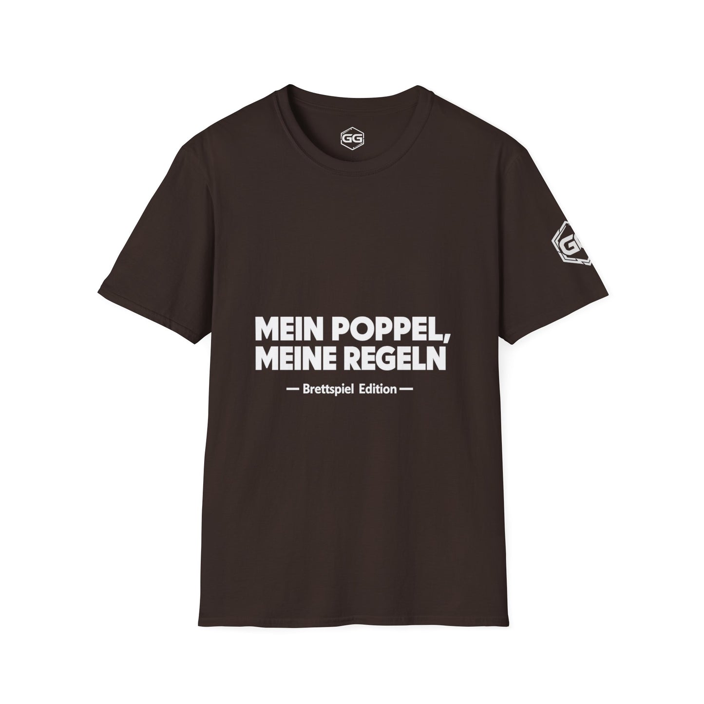 front:3 | My Meeple, My Rules T-Shirt — Board Game Edition – Vorderansicht in Dunkelbraun