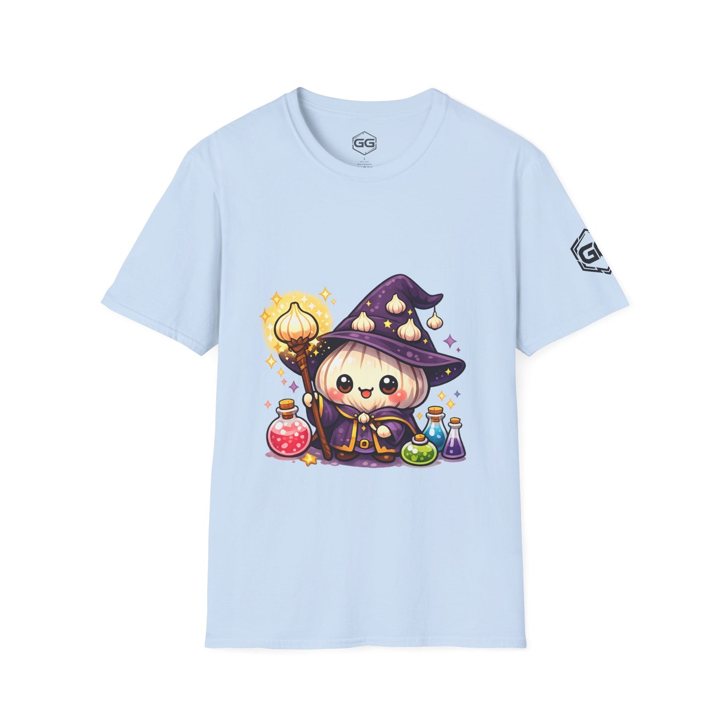 front:7 | Knoblauch Zauberer T-Shirt – Vorderansicht in Hellblau