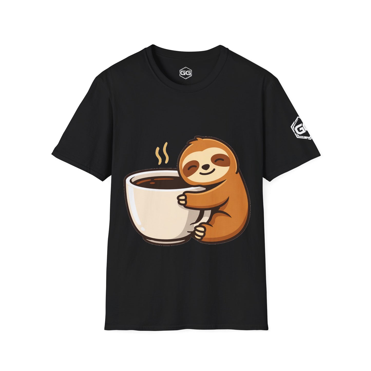front:1 | Faultier & Kaffee – Unisex T-Shirt – Vorderansicht in Schwarz