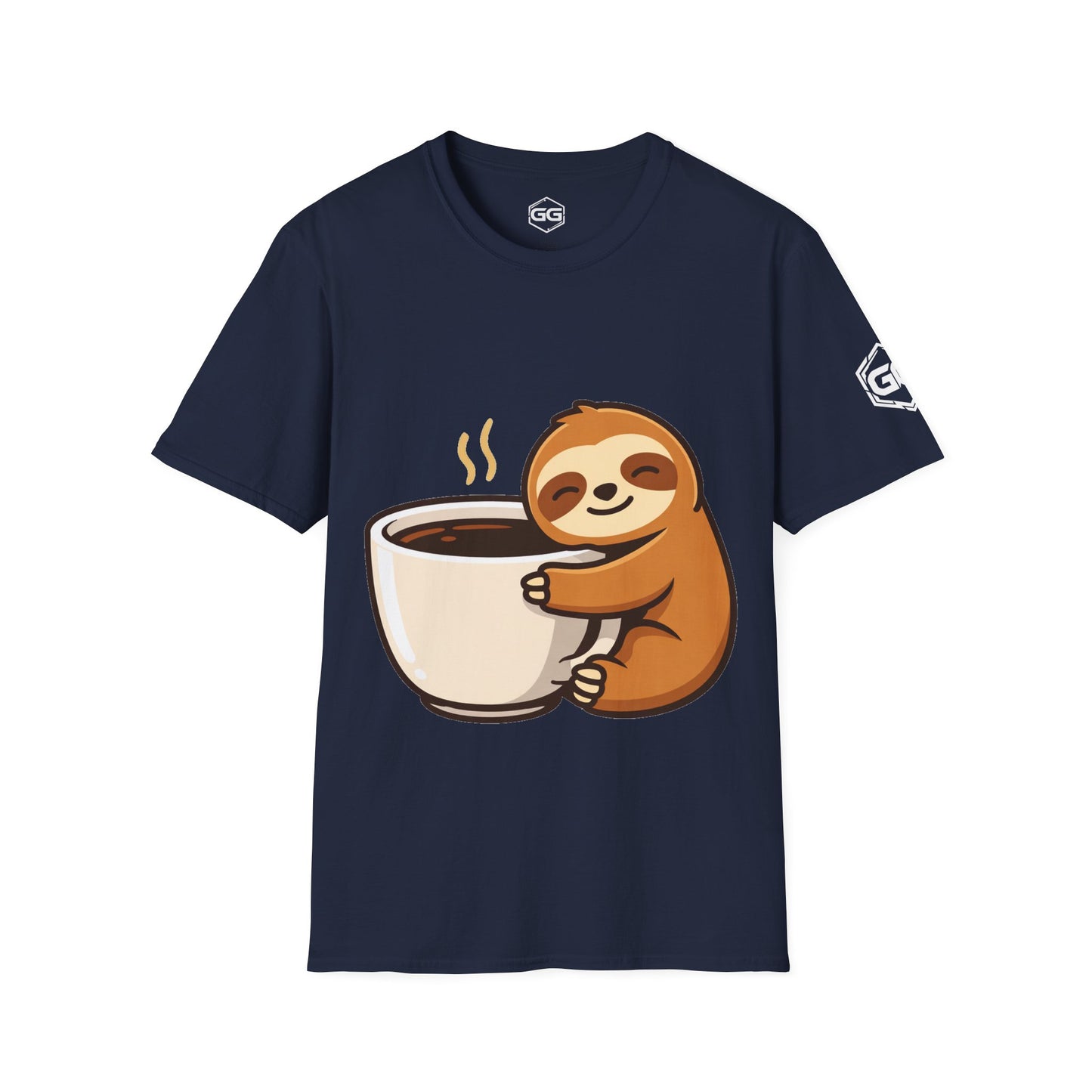 front:9 | Faultier & Kaffee – Unisex T-Shirt – Vorderansicht in Navy