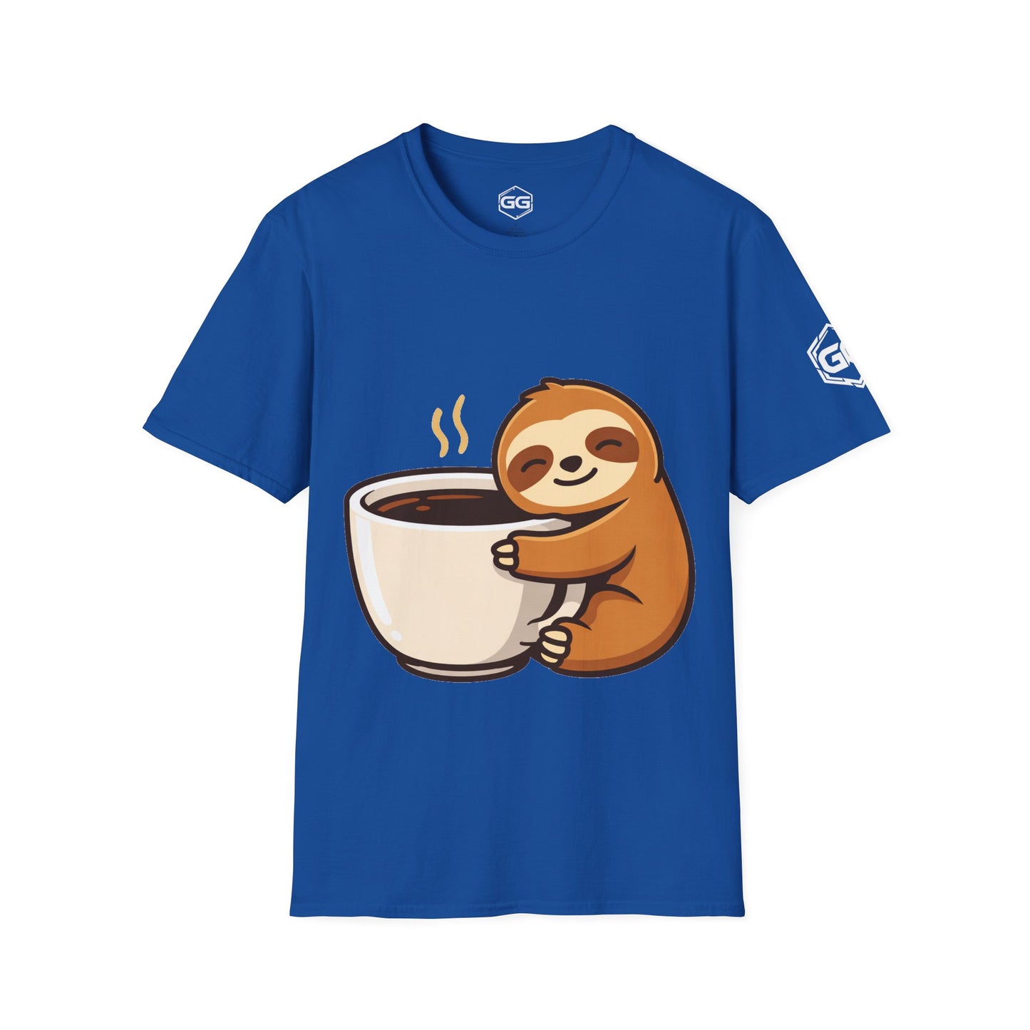 front:8 | Faultier & Kaffee – Unisex T-Shirt – Vorderansicht in Royalblau