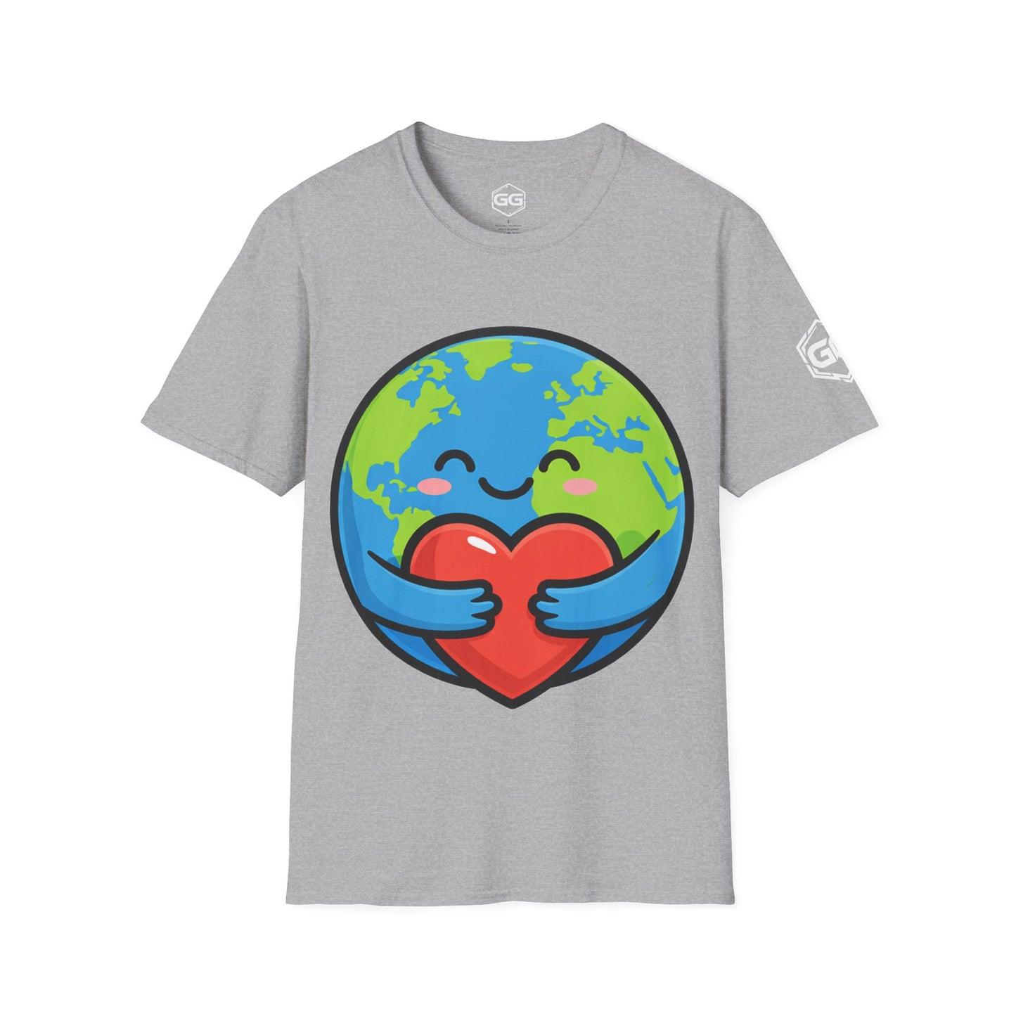 front:2 | Erde Umarmt Herz – Unisex T-Shirt – Vorderansicht in Sportgrau